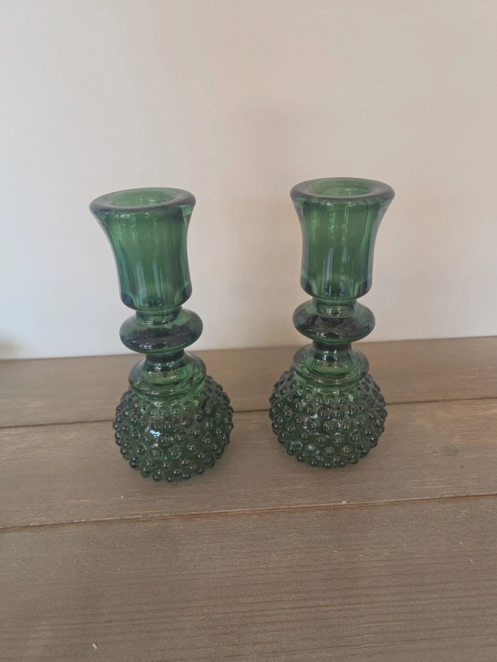 Heritage Green Hobnail Glass Candle Holders - Pair